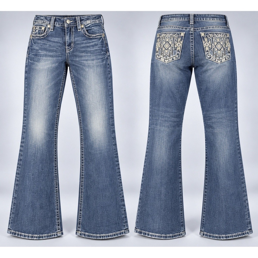 MissMe Boot Jeans womens 26x30 Y2K mid Rise embroidered rhinestone tribal aztec
